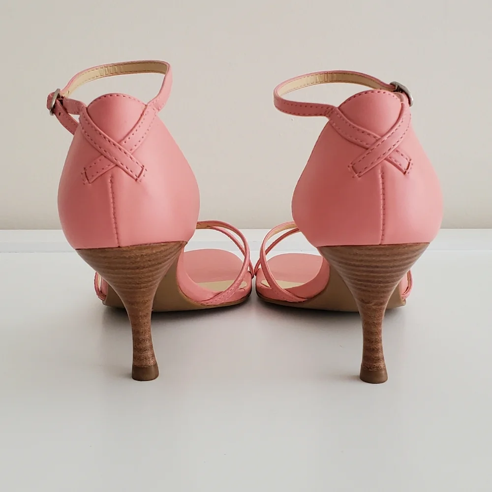 Ann Taylor Loft Leather Ankle Strap 3" Wood Heel Sandals | Like New | 6.5 | Pink - Picture 9 of 16